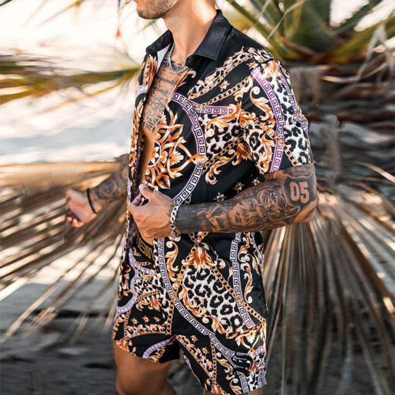 Leopard grain  Hawaiian Set Mens Printing Set Short Sleeve Summer Casual Floral Shirt Beach Two Piece Sets S-3XL