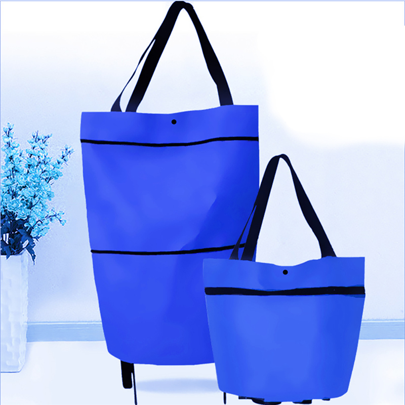 2 In 1 Supermarket Portable Shopping Cart with Wheels Resuable Foldable Oxford Cloth Storage Bag Food Sundries Holder Carrier