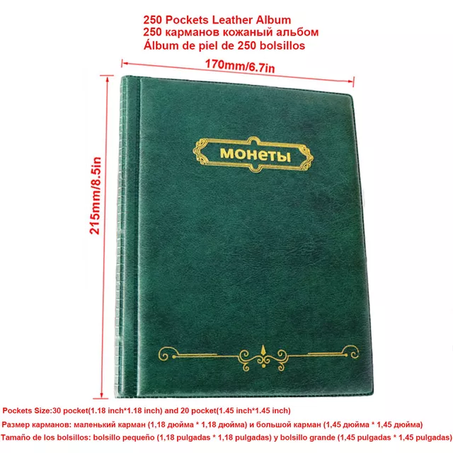 PU Leather Album For Coins.10 Sheets Stamp Album 250/120 Pockets Coin Collection Book For Commemorative Coin Badges Tokens Album