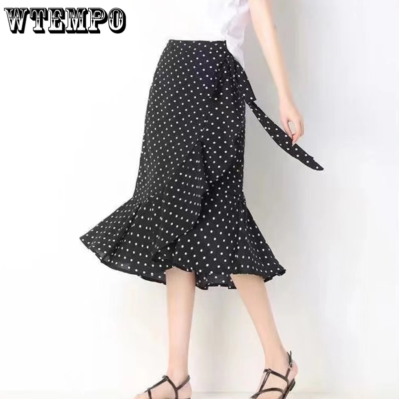 Polka Dot Ripple Chiffon Skirt Summer Women's Wrap Skirt High Waist Mermaid Skirt One-Piece Irregular Ruffled Lace-Up Skirt