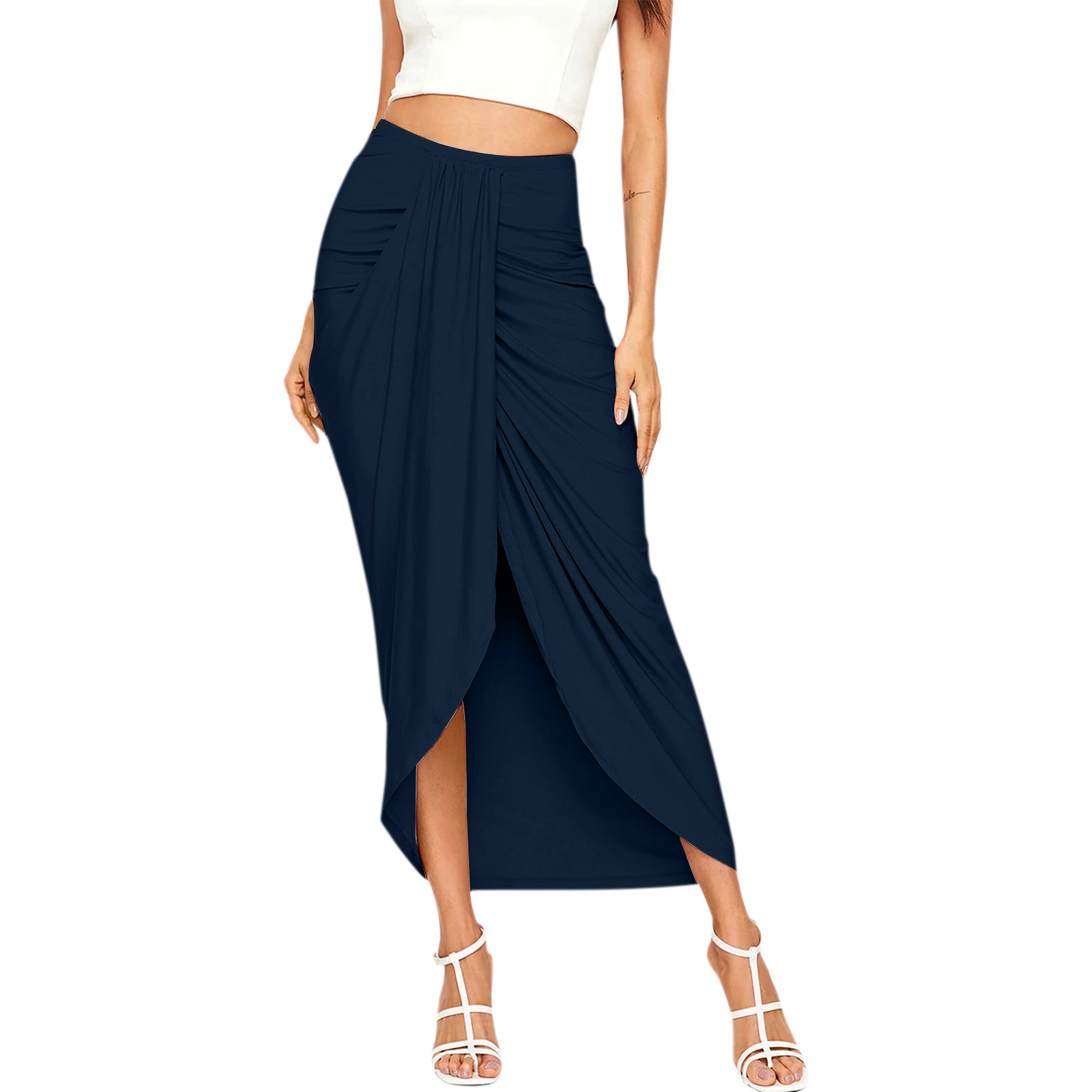 Elegant Irregular Skirts Womens Solid Draped Slit High Elastic Waist Casual Skirt Wrap Waist Asymmetrical Skirt Faldas Mujer