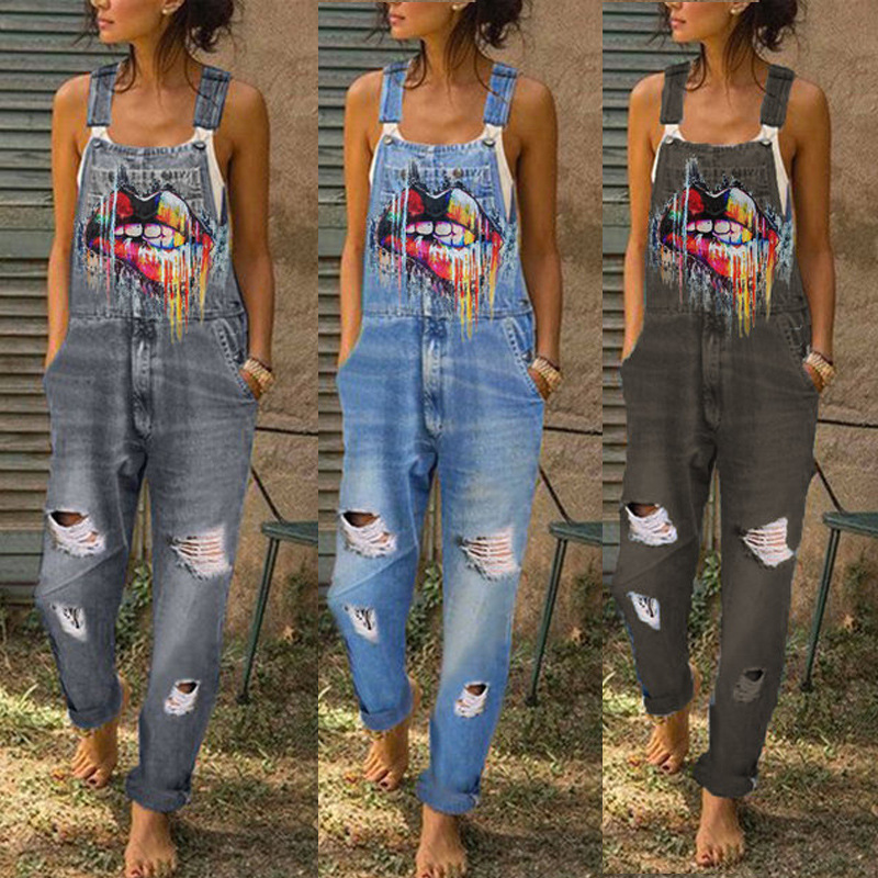 5XL Jeans Women Overalls Tongue Print Streetwear Denim Pants Loose Trouser Female Vintage Jumpsuit Pantalones De Mujer