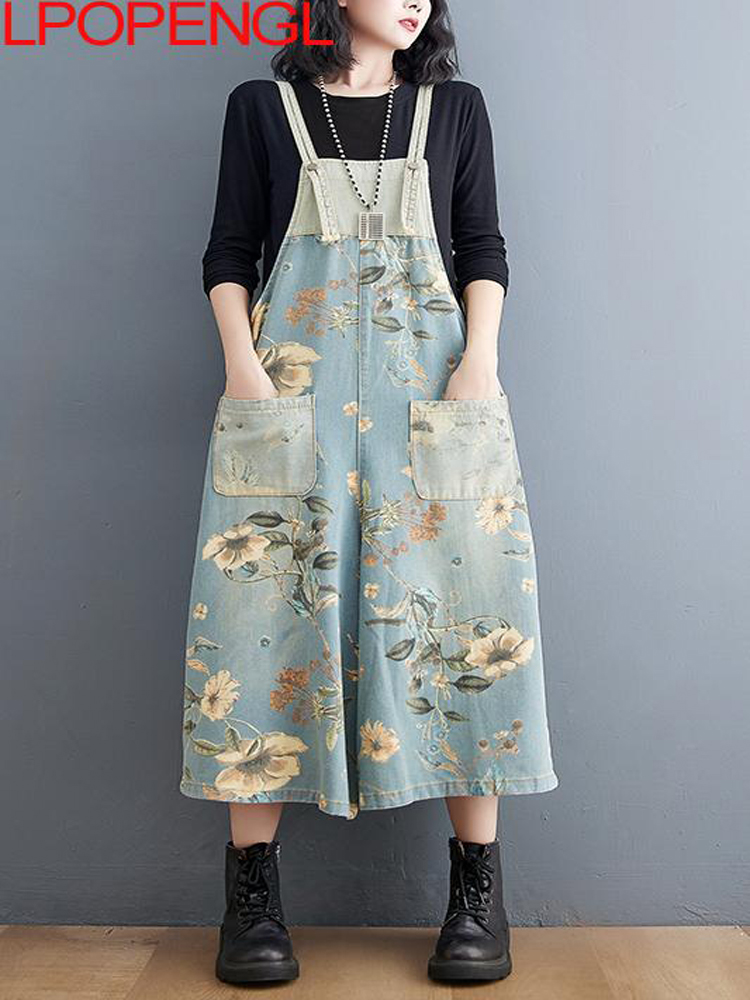 Summer Vintage Floral Jumpsuits Women Wide Leg Pants Suspenders Strap Pockets Denim Overalls Rompers Washed Jeans Playsuits 