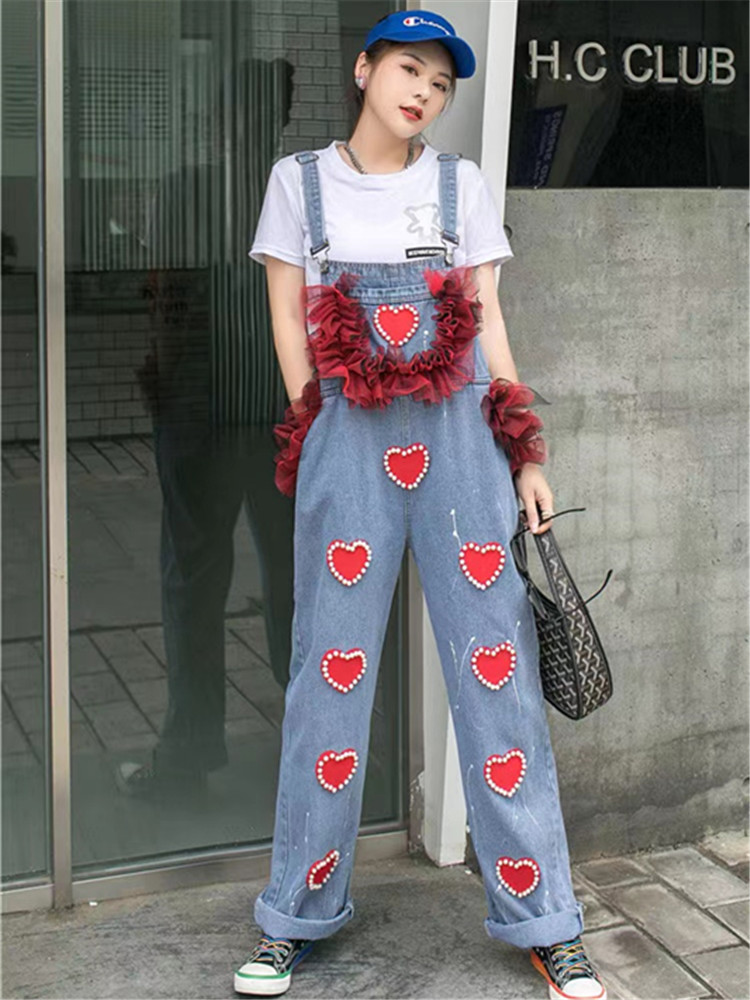  Tide  able and foreign love beaded denim overalls women's unique loose mesh stitching sequin trousers