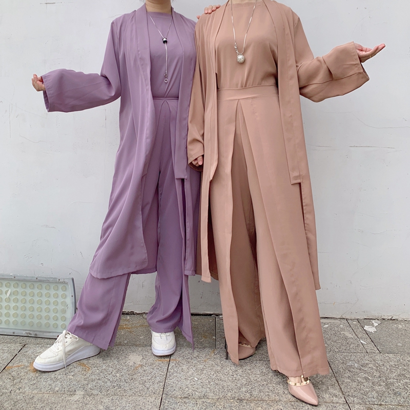 Eid Plain Women Tops With Pants ArabicTurkish Women Clothing 3 Piece Matching Set Muslim Kimono Abaya DubaiModest Outfit
