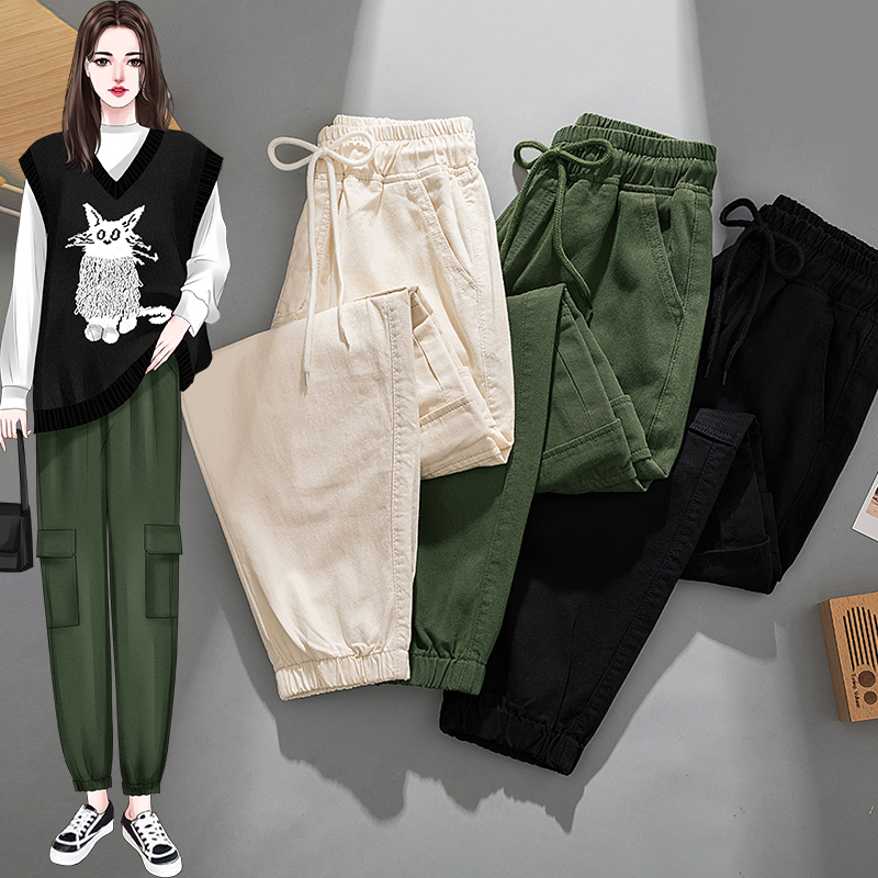 Stretch Flap Pocket Cargo Pants Women High Waist  Lace Up Army Green Casual Pants Female  Sweatpants Mujer Pantalones