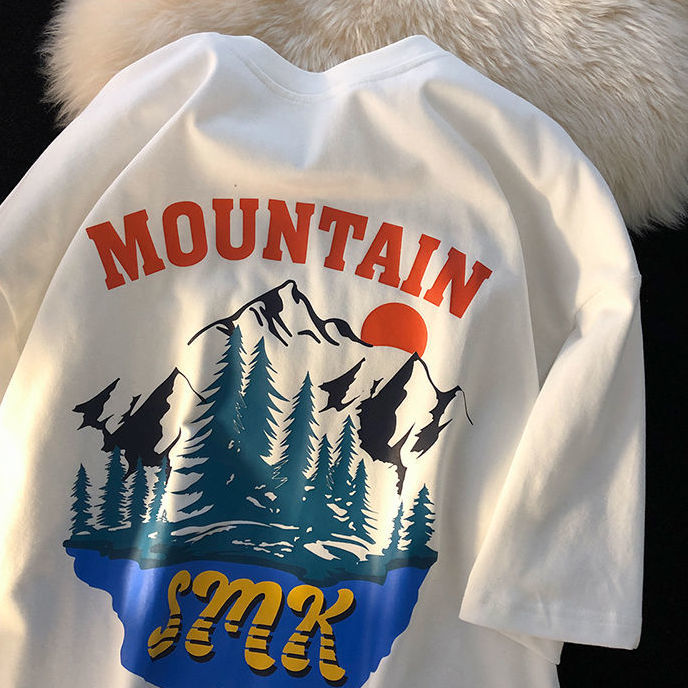 American retro snow mountain landscape printing short sleeved t-shirt men and women ins summer loose casual wild half sleeve