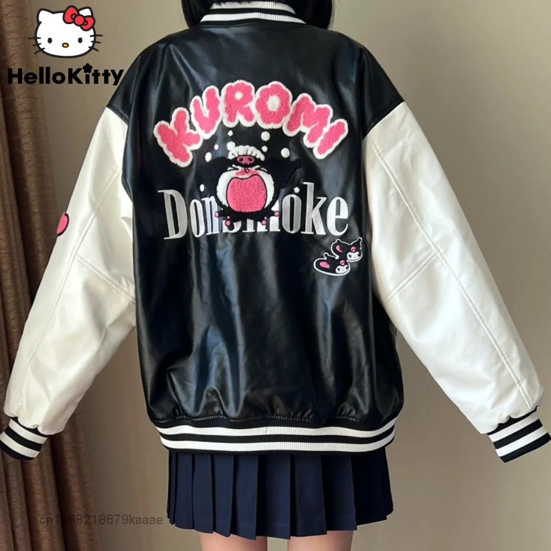 Sanrio Clothes Cartoon Kuromi Leather Coat High  Baseball Jacket Autumn Women Embroidered Jacket Y2k Couples  Tops