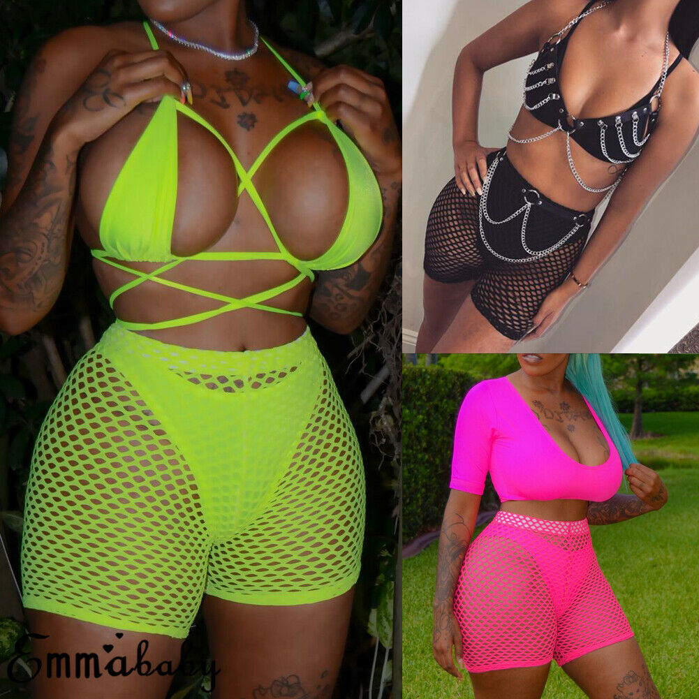 Women See Through Fishnet Shorts Leggings Mesh Sheer Bikini Cover Up Summer Sexy Party Cluwear Soft Solid Shorts