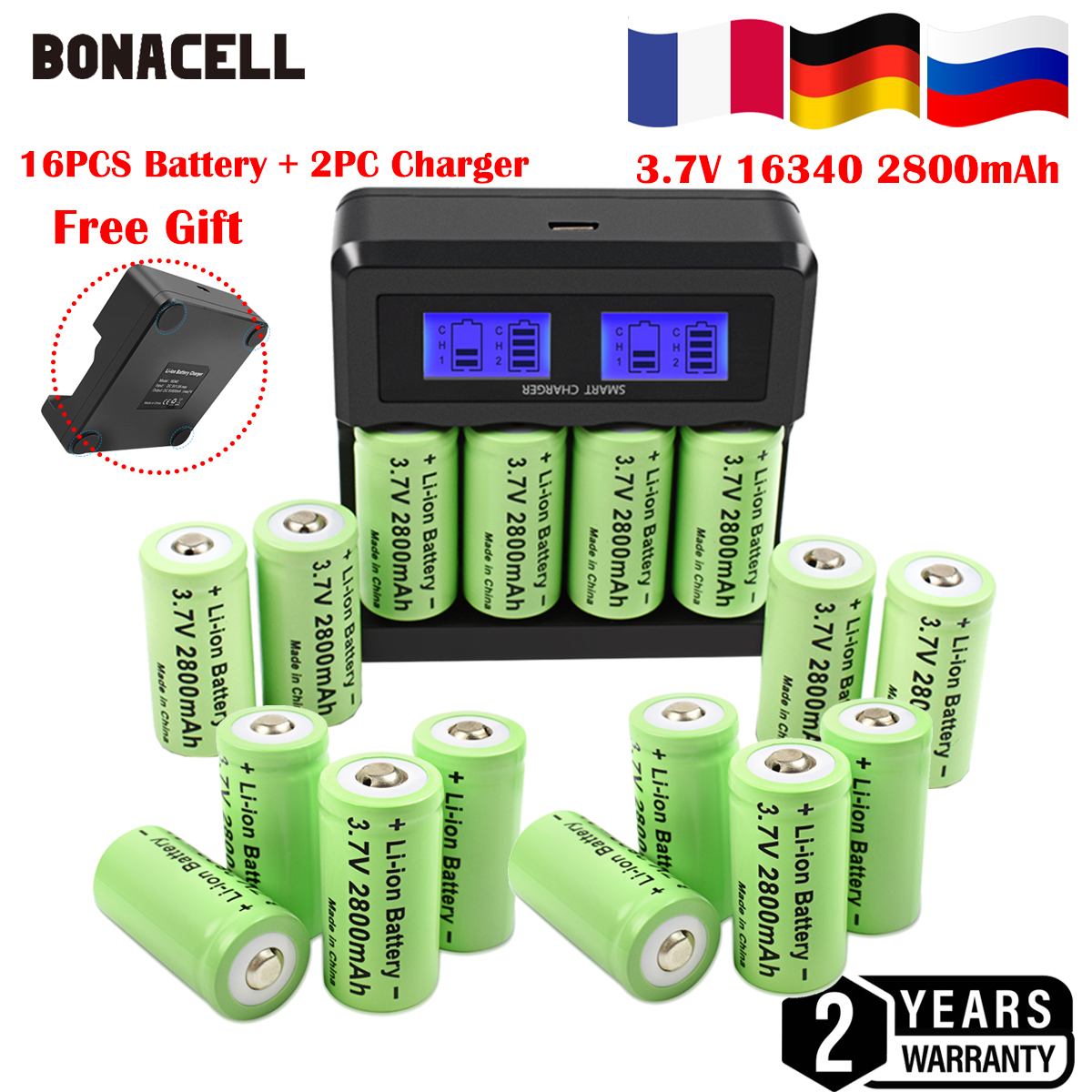 16P 2800mAh Rechargeable 3.7V Li-ion 16340 Batteries CR123A Battery for LED Flashlight Travel Wall Charger 16340 CR123A Battery