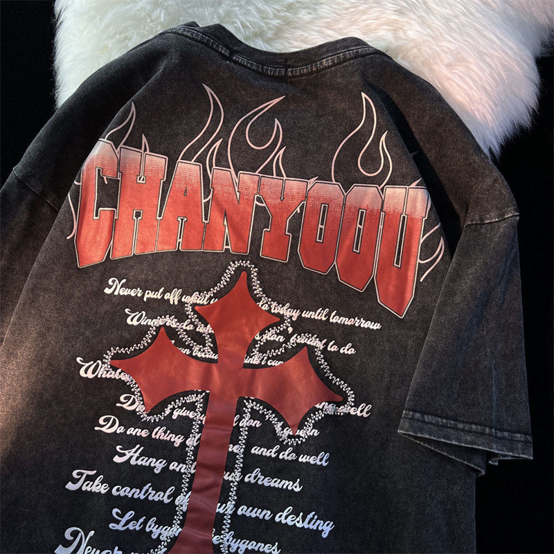 Summer American flame cross short sleeved t-shirt men loose ins street style half sleeve top y2k top harajuku women clothes