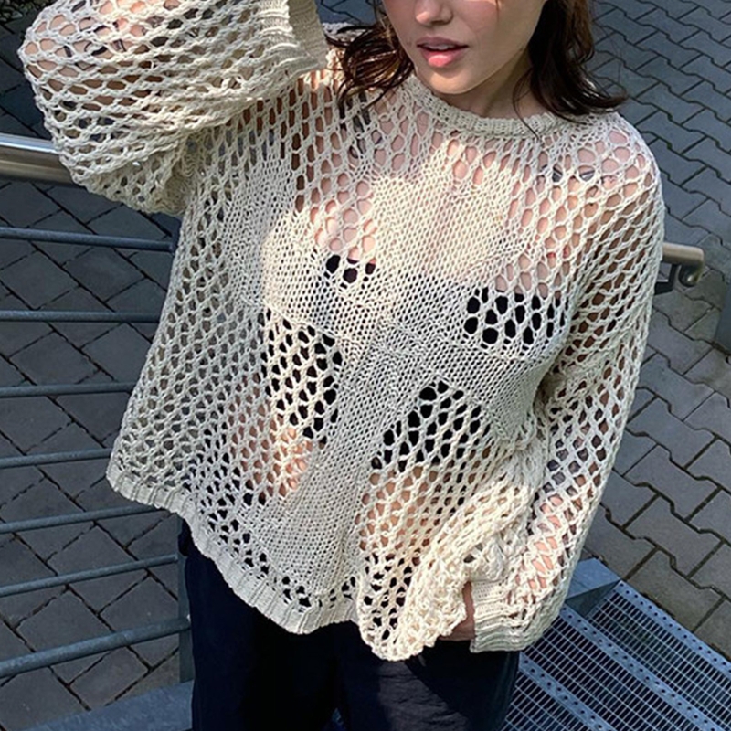 Vintage Knit Tops for Women Loose Hollow out Smock Sweater with Long Sleeves Cross Crewneck Cover Ups Summer Tee Tops