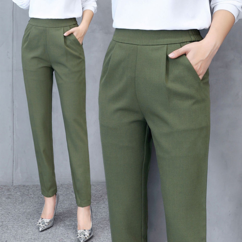 Trouser Suit Office Lady Work Wear Formal Pants Women Fall Slim Elastic Waist Pockets Casual Straight Pencil Cropped Pants Black