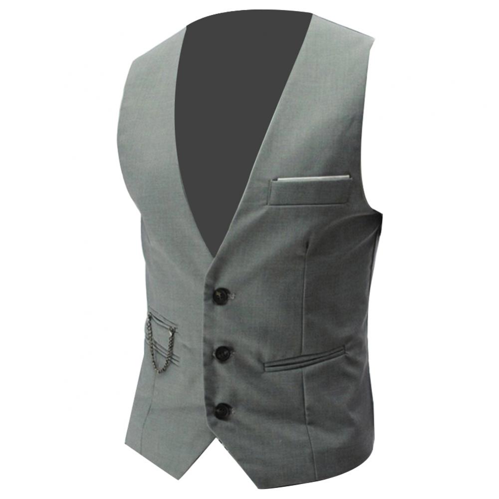 Business Vests Men  Solid Color V Neck Sleeveless Button Closure All-match Pocket Blazer Suit Men Formal Vests Waistcoat