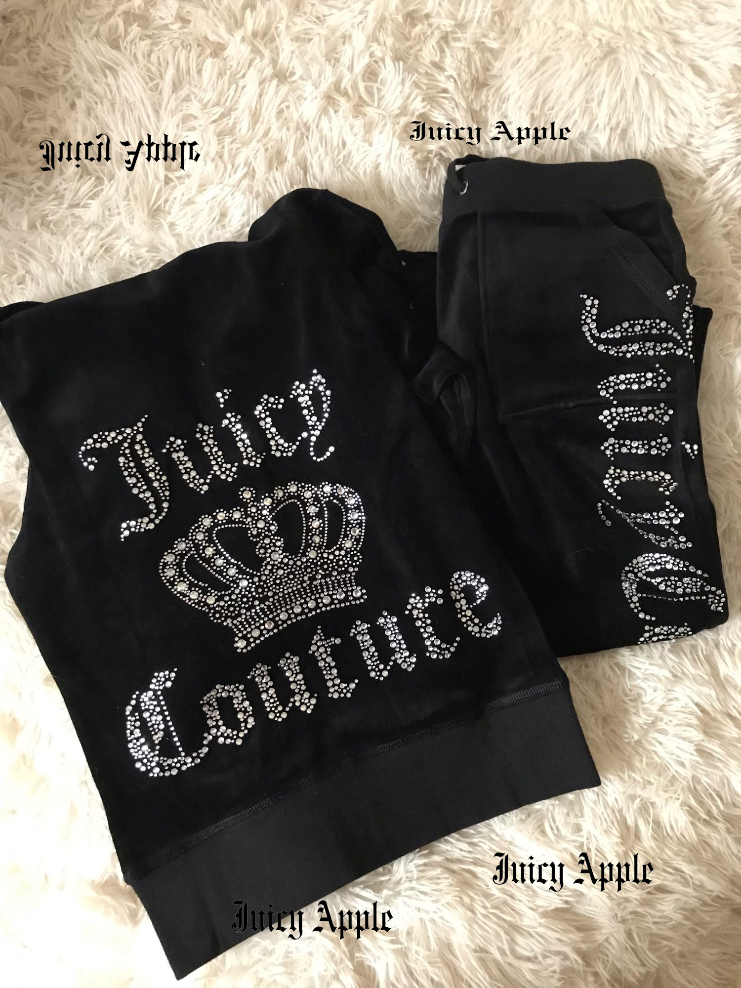 Juicy Tracksuit Women Juicy Apple Y2k Velvet Top And Pants Velour Sewing Suit Two-piece Set Pants Female Jogging  Rhinestone Met