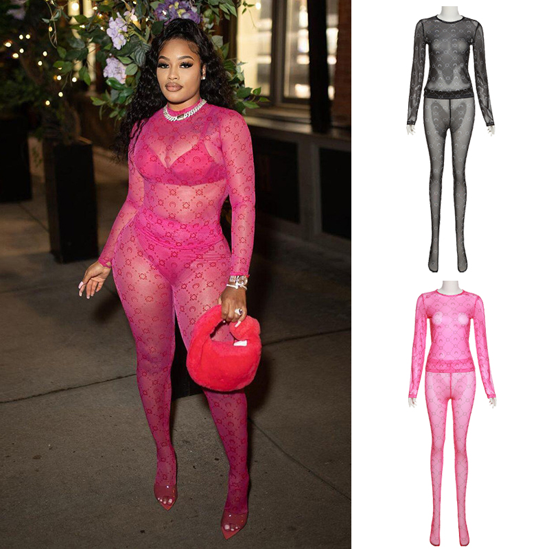 Echoine Summer Women Mesh See Through Print Two Piece Set Long Sleeve Top + High Waist Trousers Sexy Party Nightclub Outfits