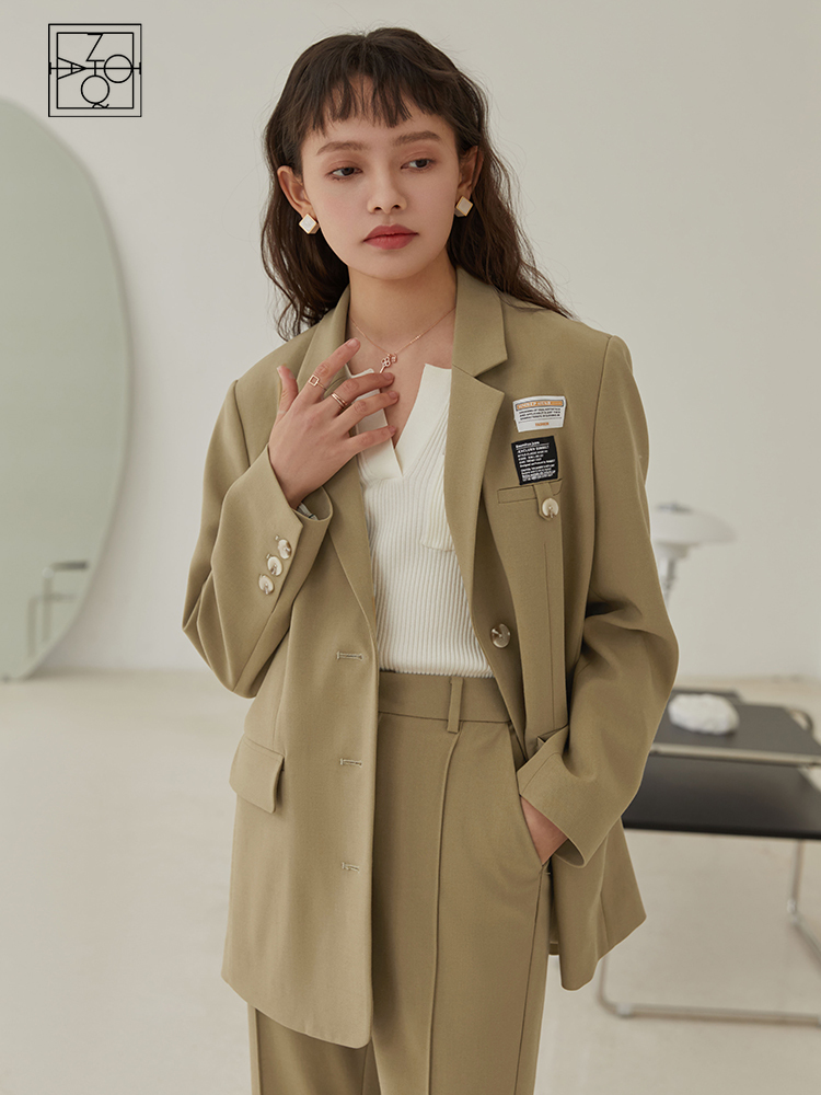 ZIQIAO Japanese Women's Suit Office Lady Blazer Women's Spring Autumn   Long Sleeve Straight Khaki Blazer