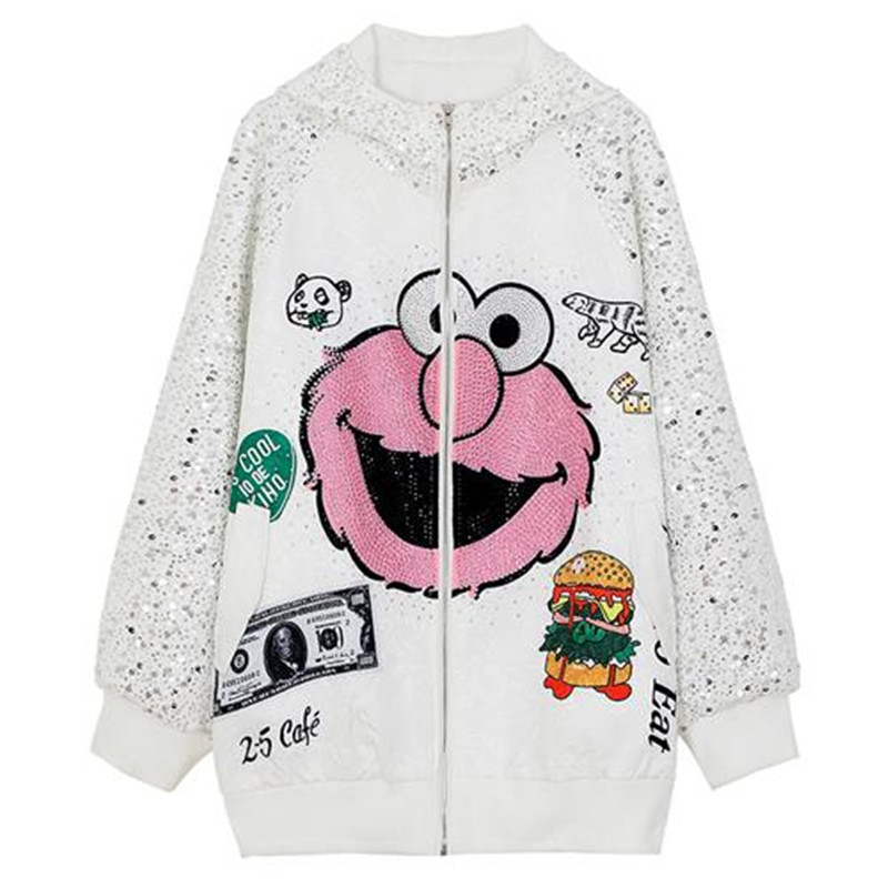 Spring Women Long Sequins Cartoon Print Loose Casual Baseball Coat Oversize Hood