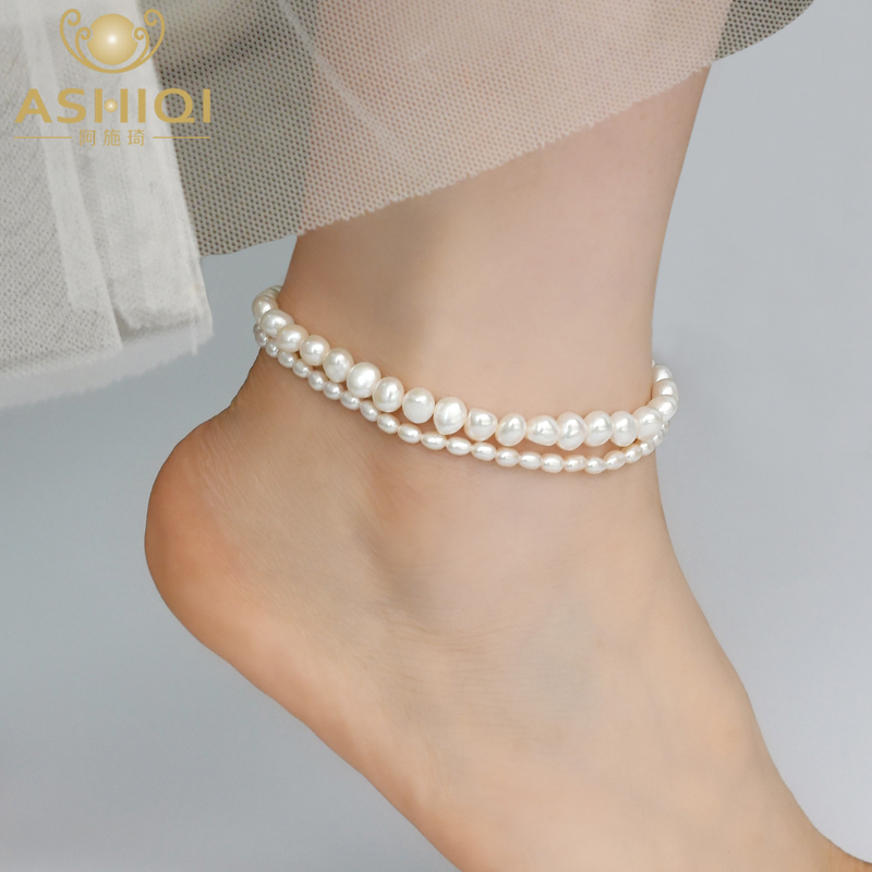 ASHIQI Real Natural Freshwater Pearl Anklet  Lady Elasticity Chain Beach Foot Bracelet Jewelry for Women