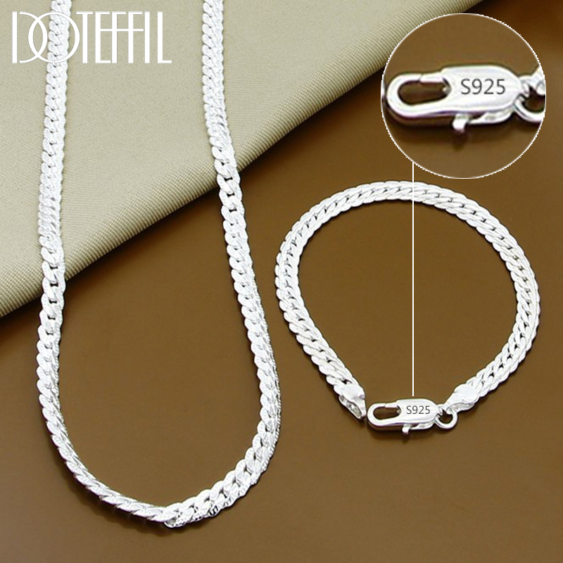 DOTEFFIL 925 Sterling Silver 8/16/18/20/22/24 Inch 6mm Side Chain Necklace Bracelet For Woman Men  Charm Wedding Jewelry