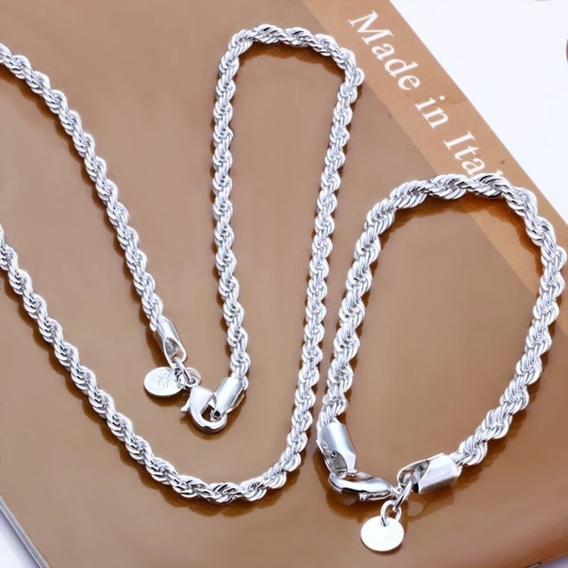 High  925 Sterling Silver 4MM Women Men chain Male Twisted Rope Necklace Bracelets  Silver Jewelry Set