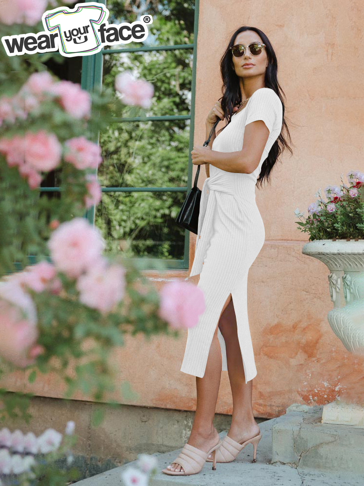 Women Sexy Strap Slit Dress Solid Color Short Sleeve Body Slim Casual Party Elegant Summer Female Girls Clothing