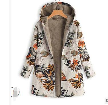 1pcs/lot Women Winter Warm Floral Hooded Jacket Flower Print Hoody Vintage fleece print coat
