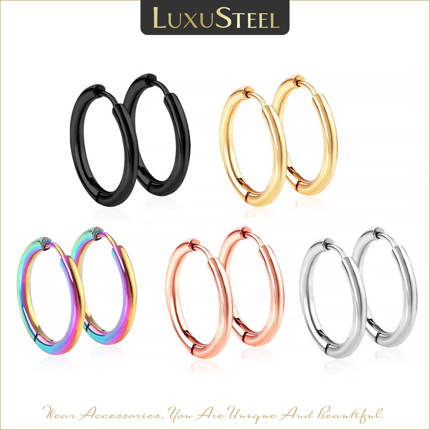 LUXUSTEEL 1Pairs/2Pcs Small Hoop Earrings Women Men Silver Color Stainles Steel Round Circle Pendientes Mujer  Anti-allergy