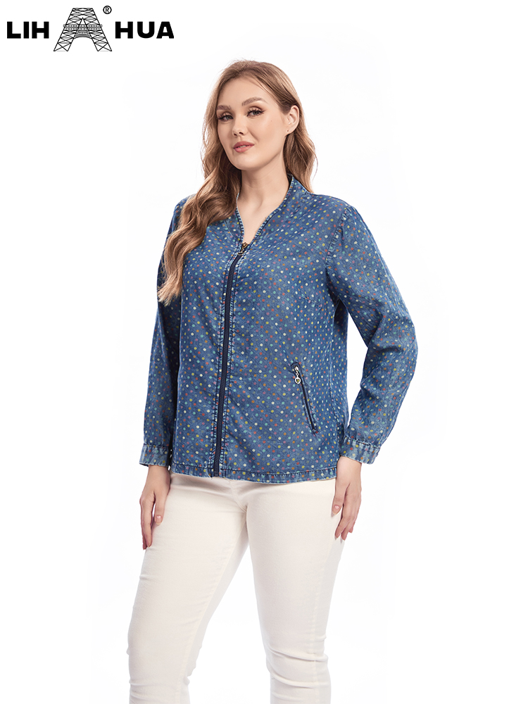 LIH HUA Women's Plus Size Denim Jacket Fall Casual Long Sleeve Zipper Pocket  Woven Jacket