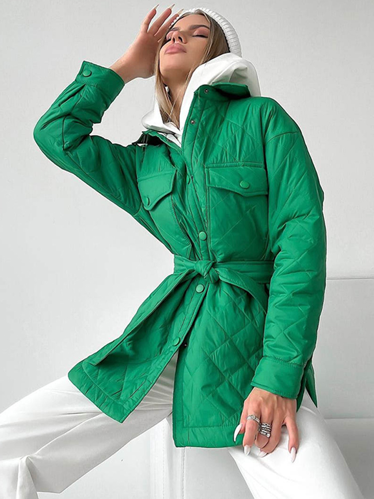 Loose Padded Long Lingge Women's Winter Jacket Casual Turn Down Collar Belt Straight Overcoat Office Lady Outwear Woman Clothes