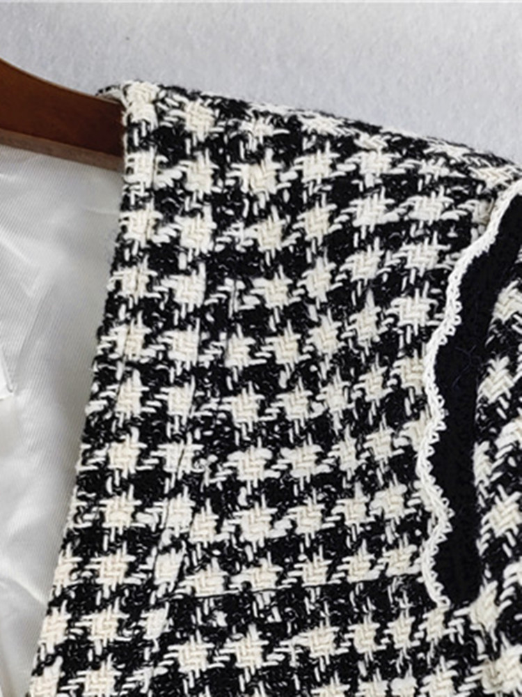 Women's V-Neck Classic Houndstooth Short Coat  Lady Single-Breasted Long-Sleeved Tweed Jacket Top