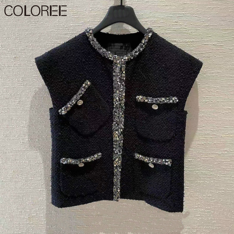  Designer Clothes for Women  Autumn Winter Vintage O-neck Sleeveless Jaqueta Feminina Black Tweed Vests Streetwear