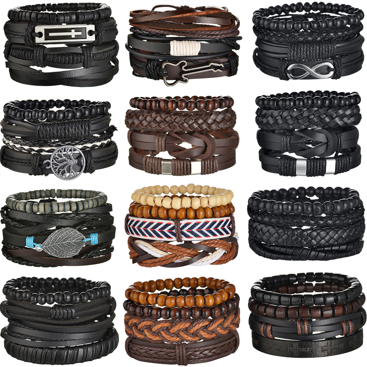 MeMolissa 4Pcs/ Set Braided Wrap Leather Bracelets for Men Vintage Life Tree Guitar Charm Wood Beads Ethnic Tribal Wristbands