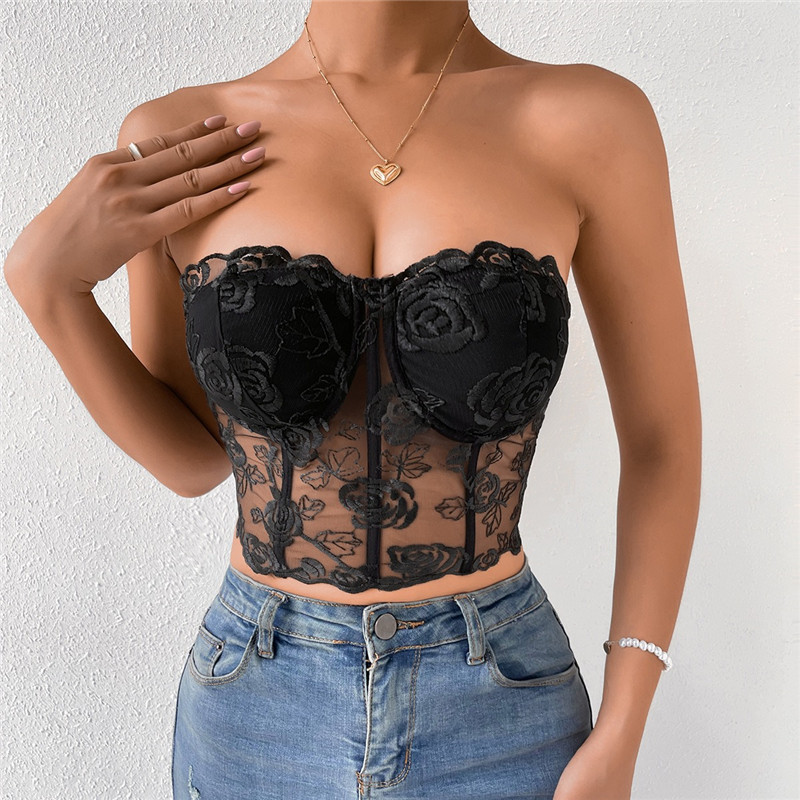 Women Sexy Corset Top Lace Embroidery Floral See Through Off Shoulder Tank Tops Summer Mesh Strapless Backless Blouses Shirts