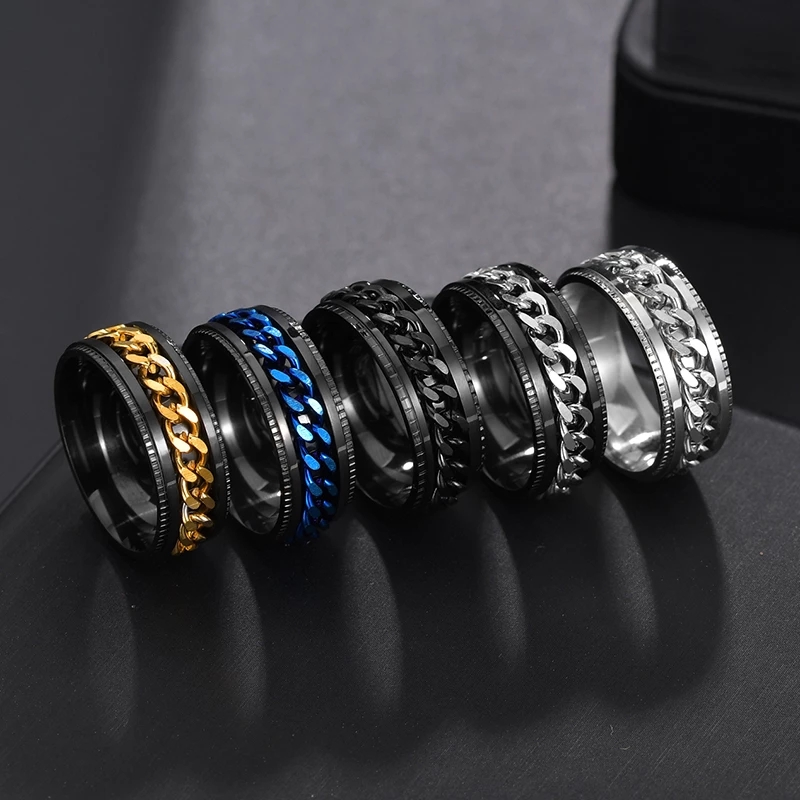 Rotate Rotating Anxiety Fidget rings Titanium Stainless Steel Chain Spinner Finger Ring For Men Blue Gold Color Black Punk Rock