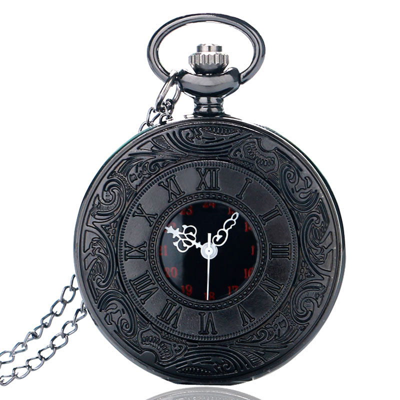 Vintage Charm Black Unisex  Roman Number Quartz Steampunk Pocket Watch Women Man Necklace Pendant with Chain Gifts P427