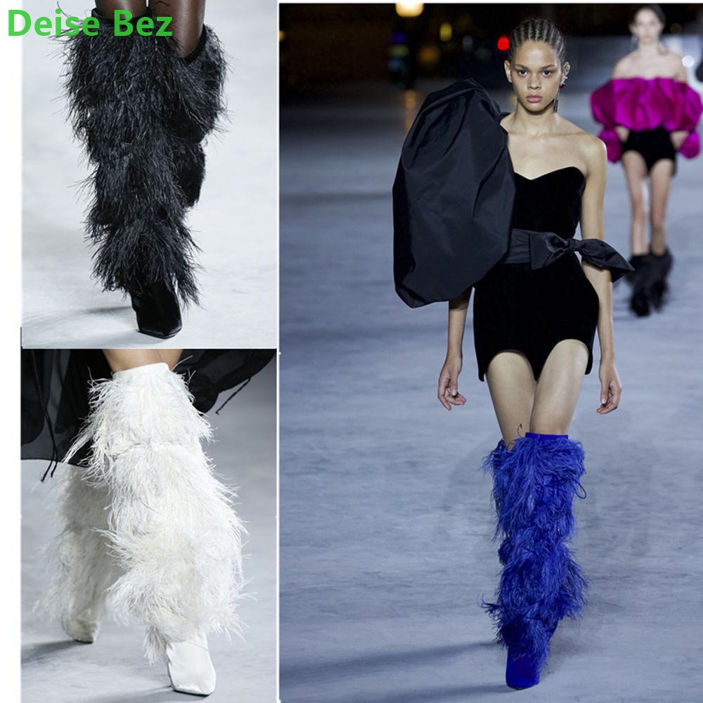Runway Feathers Tassel Long Boots For Women 34-45 Size Solid Pointed Toe Thin High Heel Knee-High Handmade  Sexy Shoes