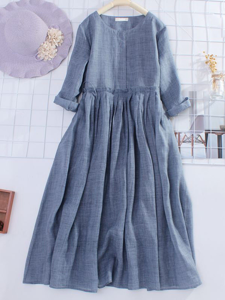  Women Summer Simple Style Cotton Linen Dresses Long Sleeve Drawstring Large Swing Solid Color Shirt Dress