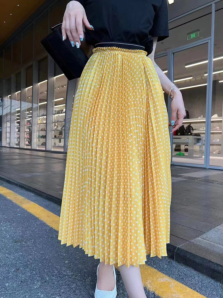 Summer Women's Skirt Polka Dot Printed Pleated Skirts Comfortable Elastic Waist 136541245700