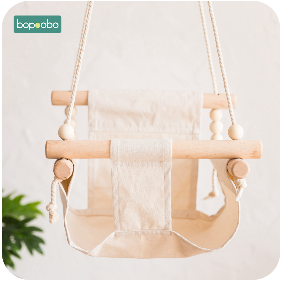 Baby Canvas Swing Chair Hanging Wood Children Kindergarten Toy Outside Indoor Small Basket Beige Swinging Rocking Chair Baby Toy