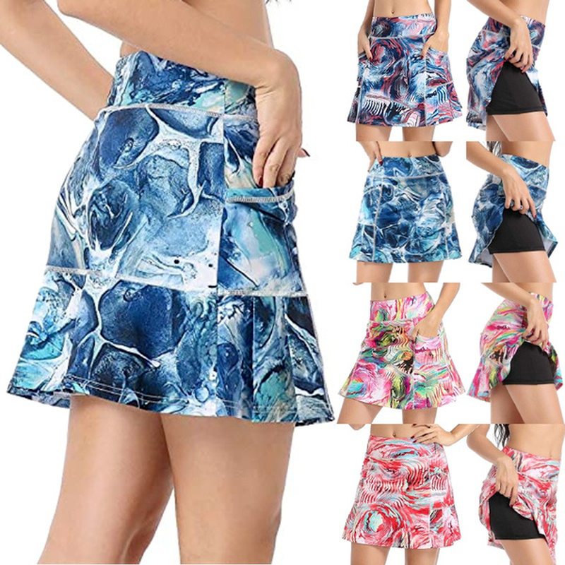 Women Mini Skirt Tie-dye Print High Waist Two Layers with Pocket Skirt Workout Fitness Sport Skorts Golf Tennis Running Skirts