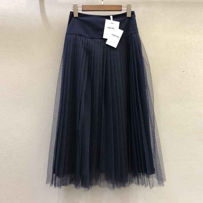 Polka Dot Pleated Skirts  Retro Flocking Mesh High Waist Midi Skirt Women Elegant Office A-line Solid Streetwear