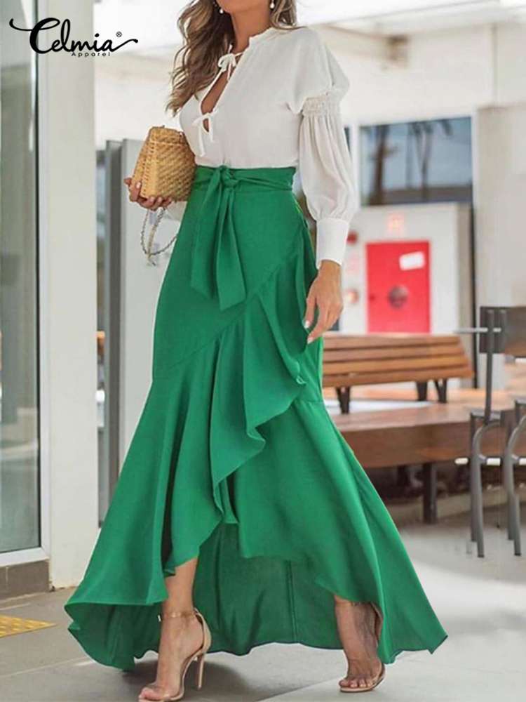 Summer Women Fishtail Skirts  Party Maxi Skirt Celmia Summer High Waist Belted Casual Loose Asymmetrical Ruffles Skirts