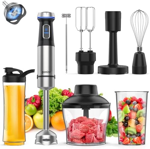 Ganiza Immersion Blender 8 in 1 Hand Blender 1000W Heavy Duty Motor, 16 Speed Mode Handheld Blender Stainless Steel Sitck Blender Includes 8 Total Pieces