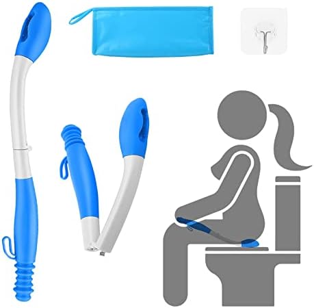 Foldable Butt Wiper, Jhua 15.7" Toilet Aids for Wiping, Comfort Silicone Bottom Buddy Wiping Aid with Hanging Ring, Hook, Carrying Bag, Toilet Aid Tools Bathroom Personal Care, Blue