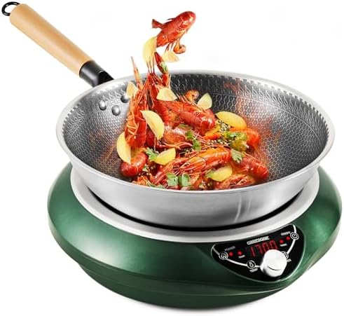 1700W Electric Induction Wok, Concave Induction Cooktop with Wok Fast & Even Heating with Large Coil, 17 Level Setting Electric Induction Stove Countertop Burner Induction Hot Plate