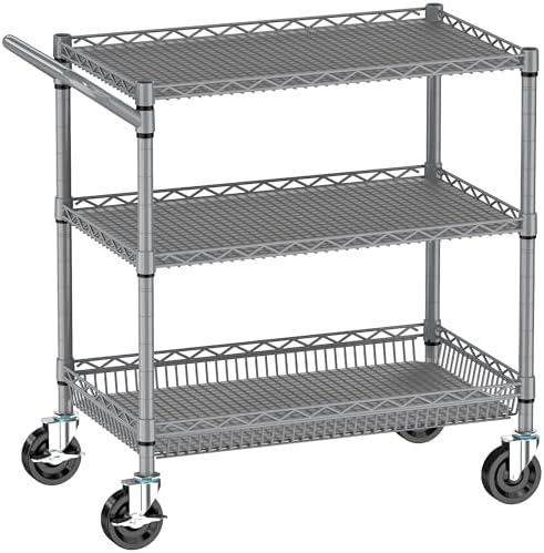 3 Tier Rolling Cart Heavy Duty, Utility Cart with Wheels Commercial Grade Wire Kitchen Storage Trolley Metal Cart Organizer with Adjustable Shelves Service Cart with Handle Bar Shelf Liners