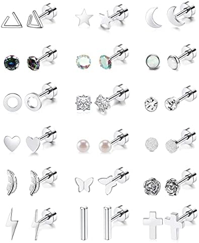 18 Pairs Stainless Steel Stud Earrings Set for Women Men Star Moon flower Heart Leaf Opal 20G Cartilage Earrings Hypoallergenic Flatback Earrings Piercing Jewelry