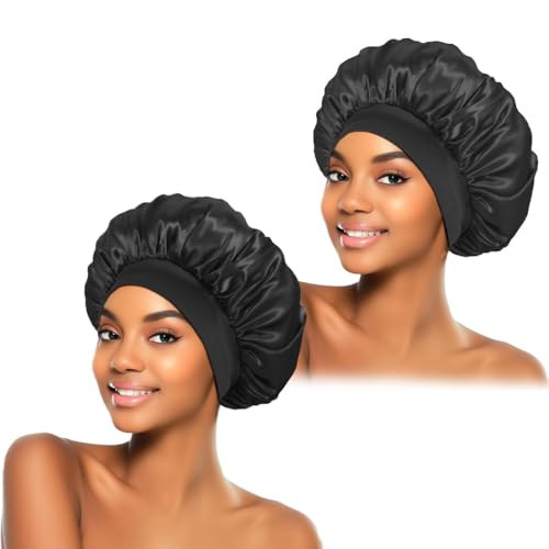 2Pcs Silk Bonnet for Sleeping, Satin Hair Bonnets, Soft Elastic Band Silk Sleep Cap, Silk Hair Wrap for Curly Hair Shower Cap (Black)