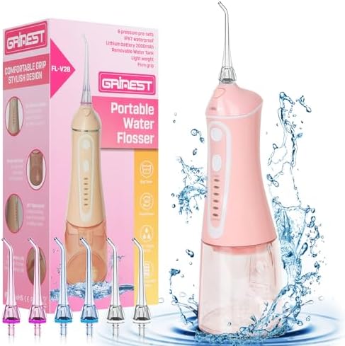 Water Dental Flosser Pick for Teeth,Grinest Cordless Water Dental pik Teeth Cleaner 7 Modes Rechargeable Oral Irrigator Portable IPX7 Waterproof Tooth flossing Cleaning for Home Travel-Pink